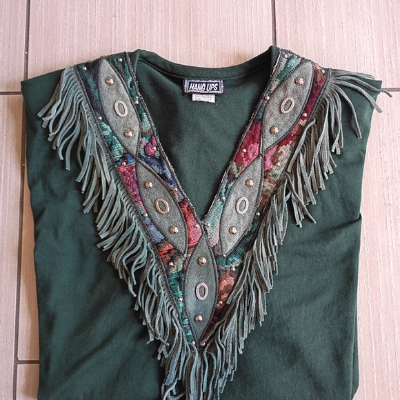 The Original Hang-Ups Deep Green V-Neck Fringe Tunic with Multicolor Embroidery - Picture 7 of 7